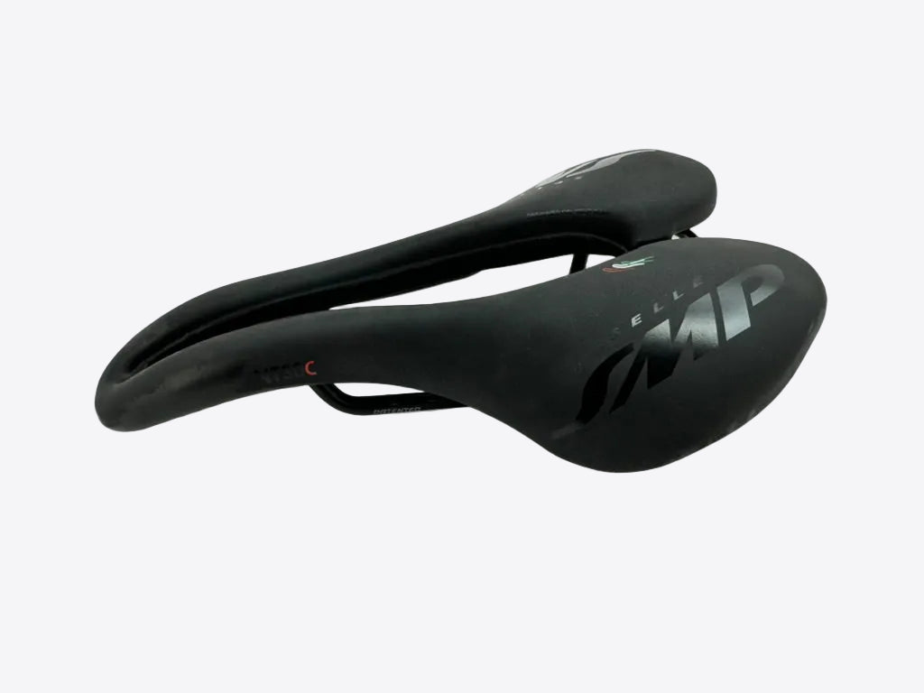 Black bicycle saddle on a white background