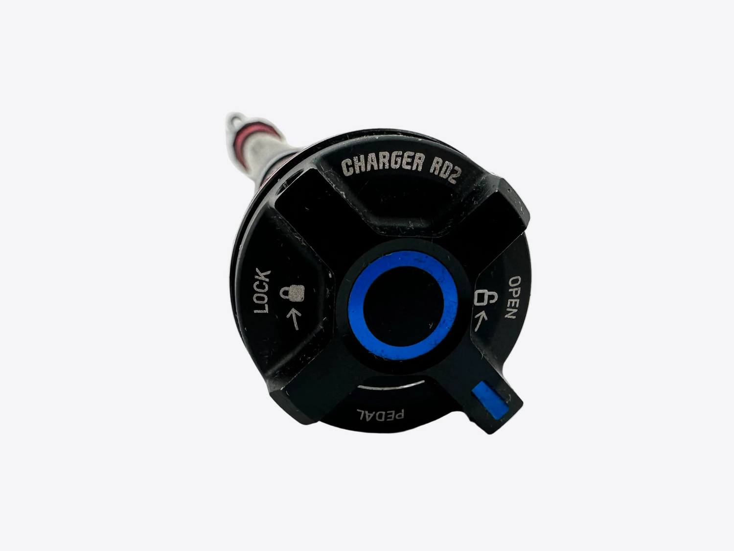 Black and blue cylindrical object with branding on a white background