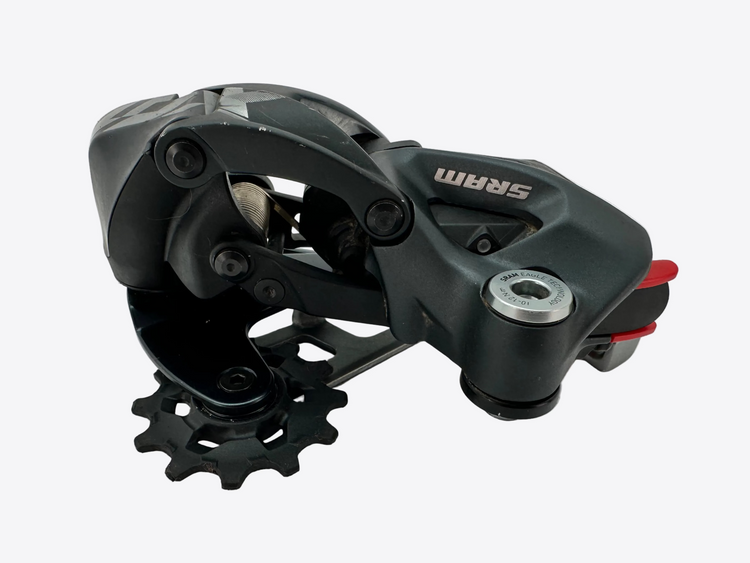 Bicycle derailleur with Sram branding on a white background