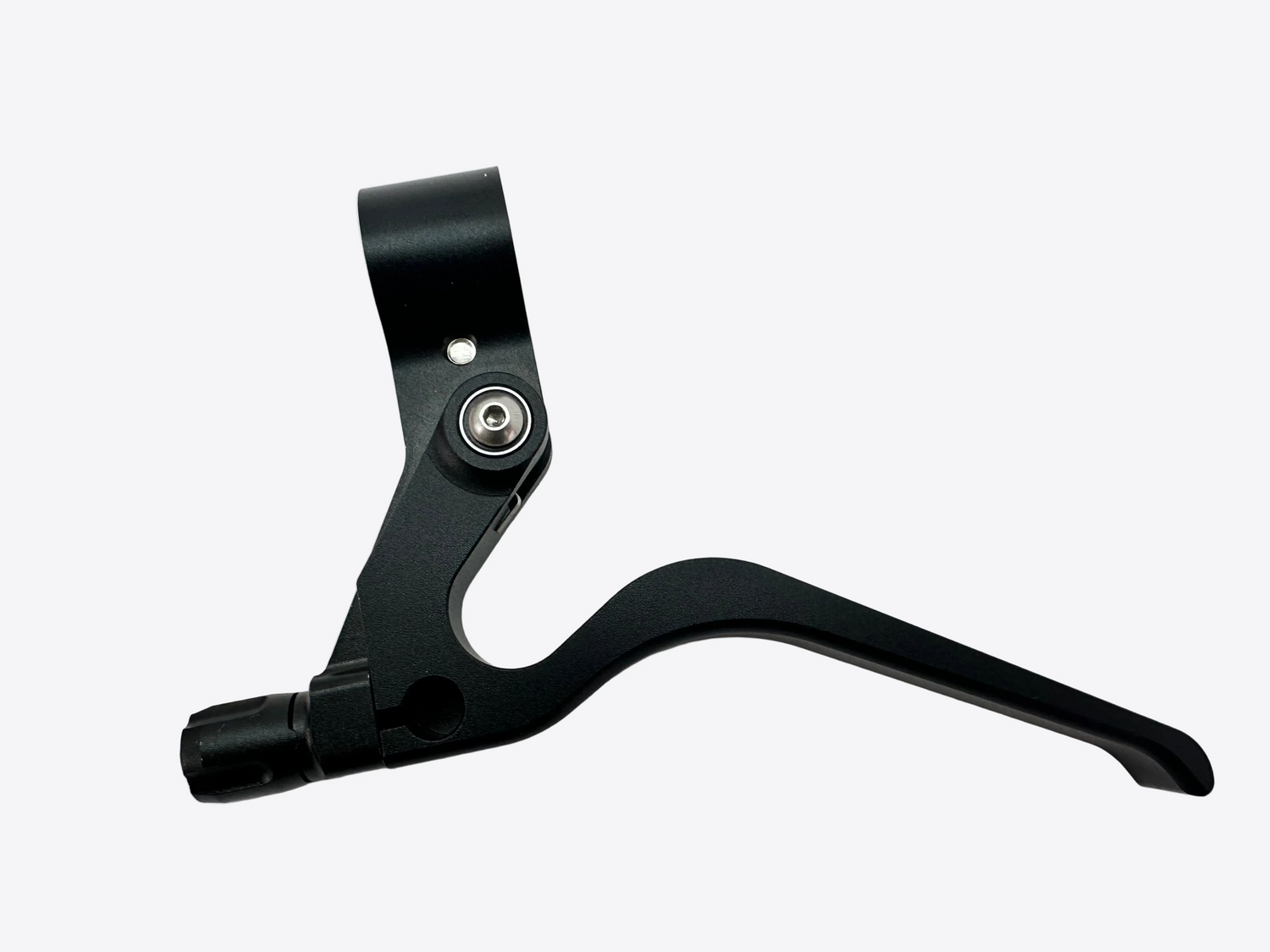 A black metal bicycle brake lever with a silver adjustment screw, photographed on a light gray textured surface.