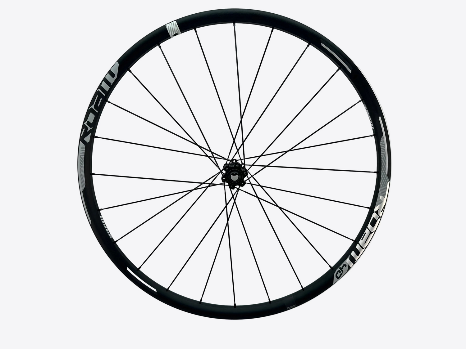 Bicycle wheel with black rim and white wall on a light gray background