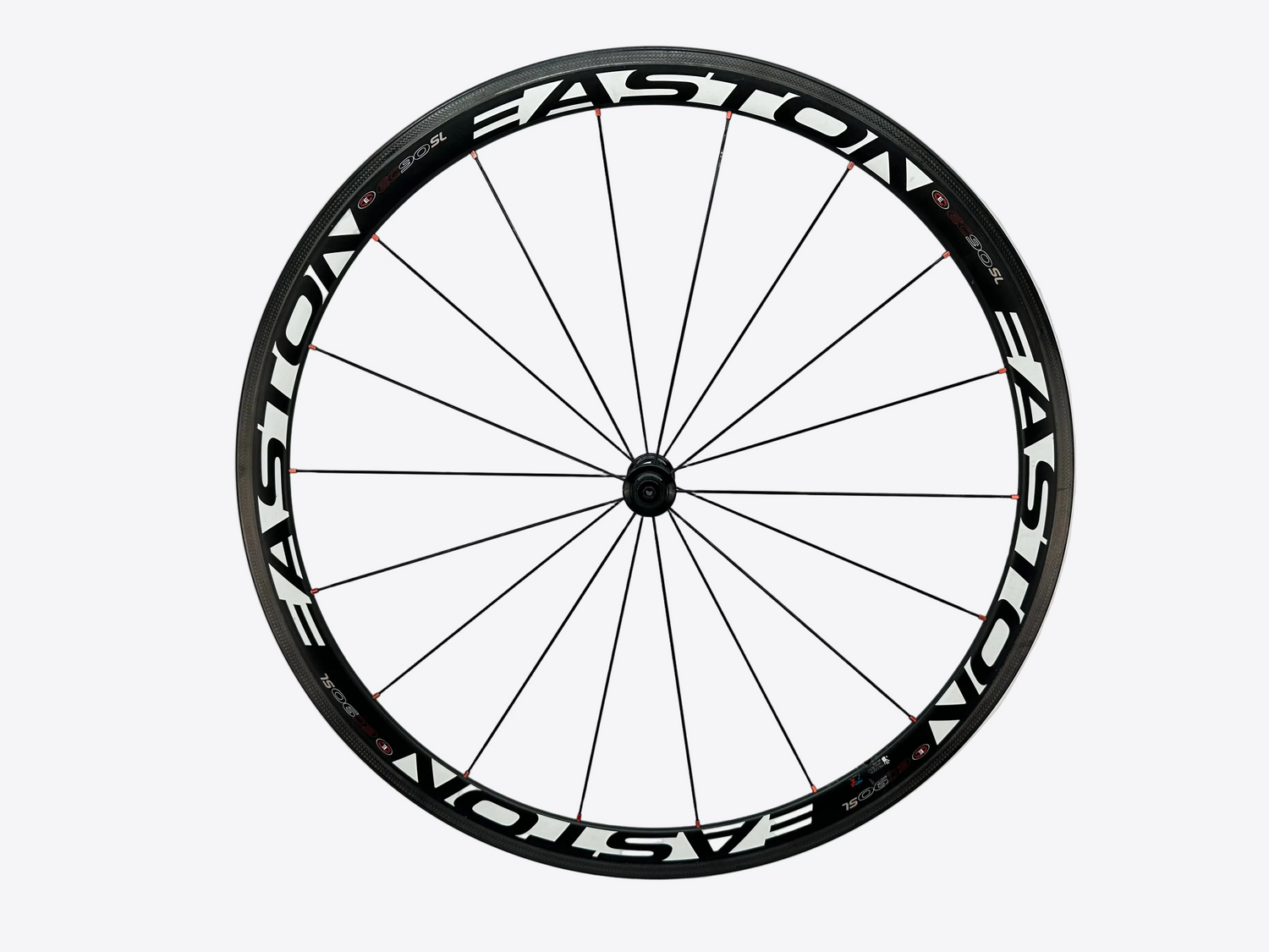 Bicycle wheel with 'Easton' branding on a white background