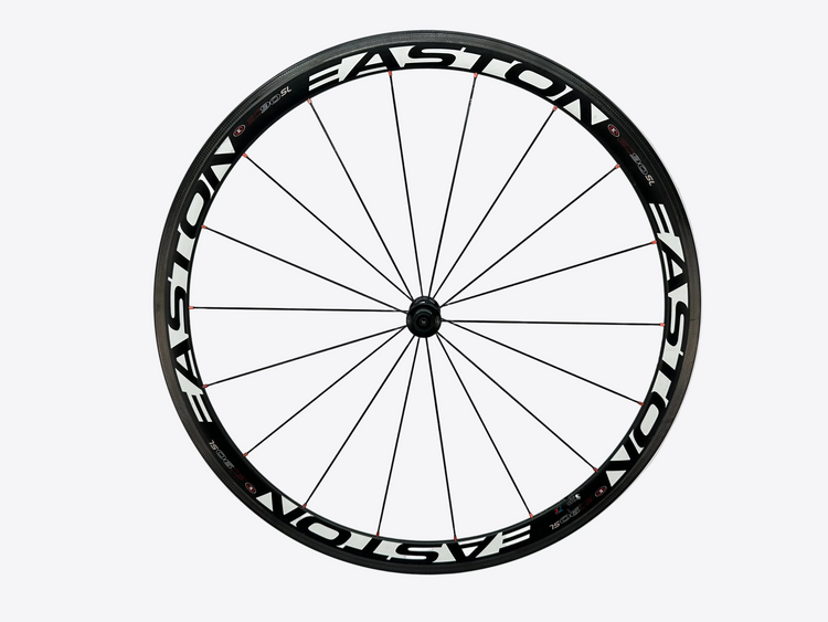 Bicycle wheel with 'Easton' branding on a white background