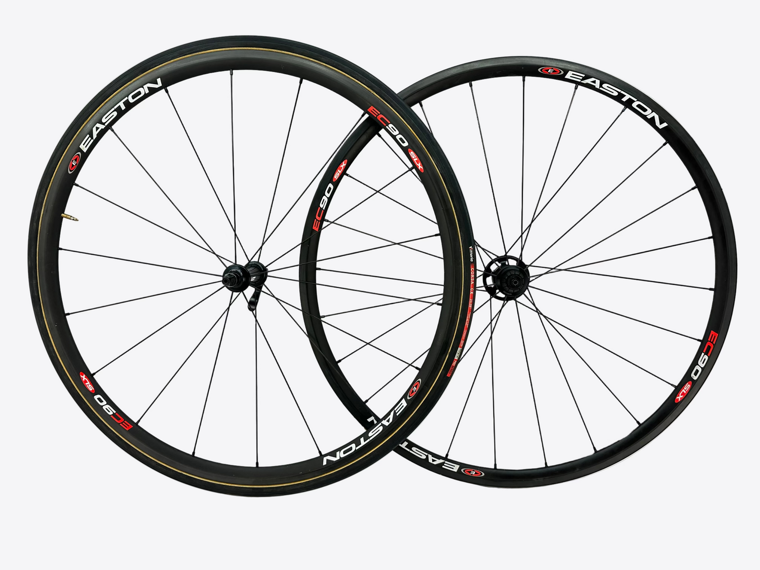 Two bicycle wheels with Easton branding on a white background