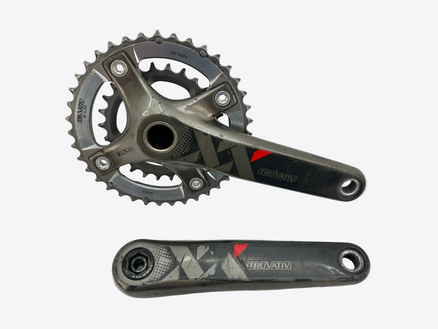 Cycling crankset with chainring on a white background
