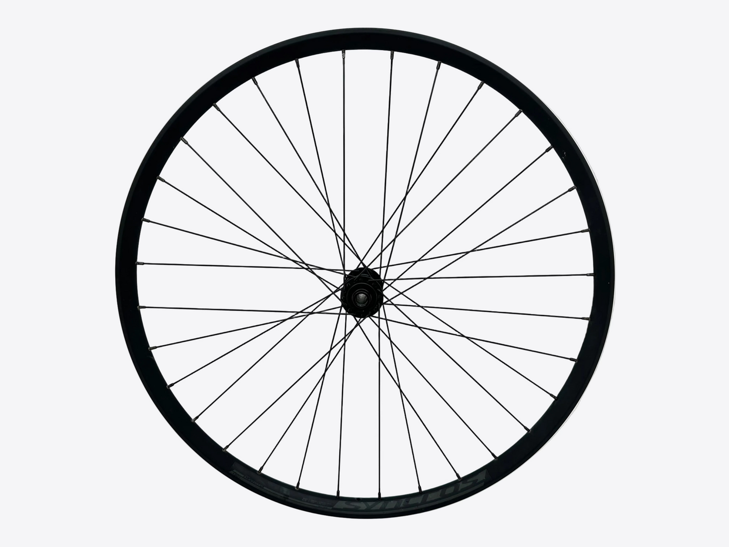 Bicycle wheel with black rim and spokes on a white background