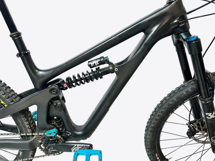Close-up of a mountain bike with suspension fork on a white background
