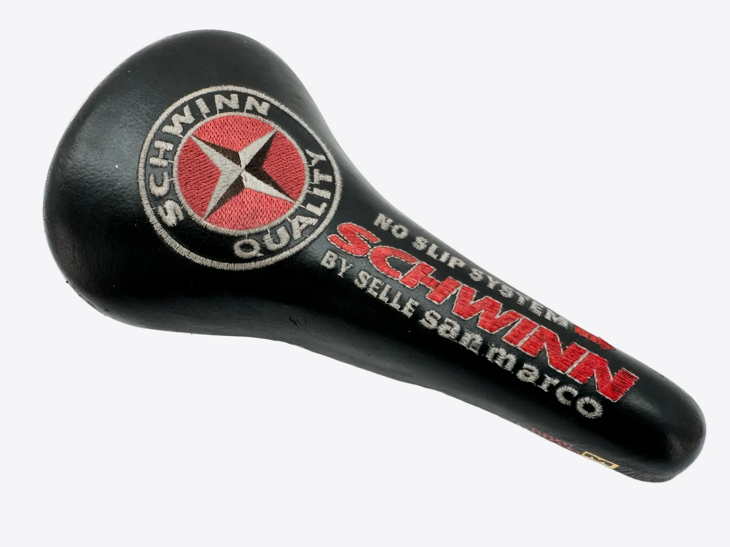 Schwinn bicycle seat with branding on a white background