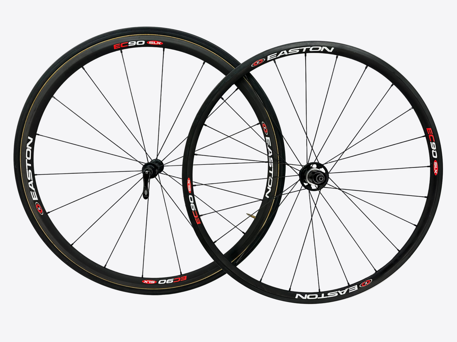 Two bicycle wheels with Easton branding on a white background