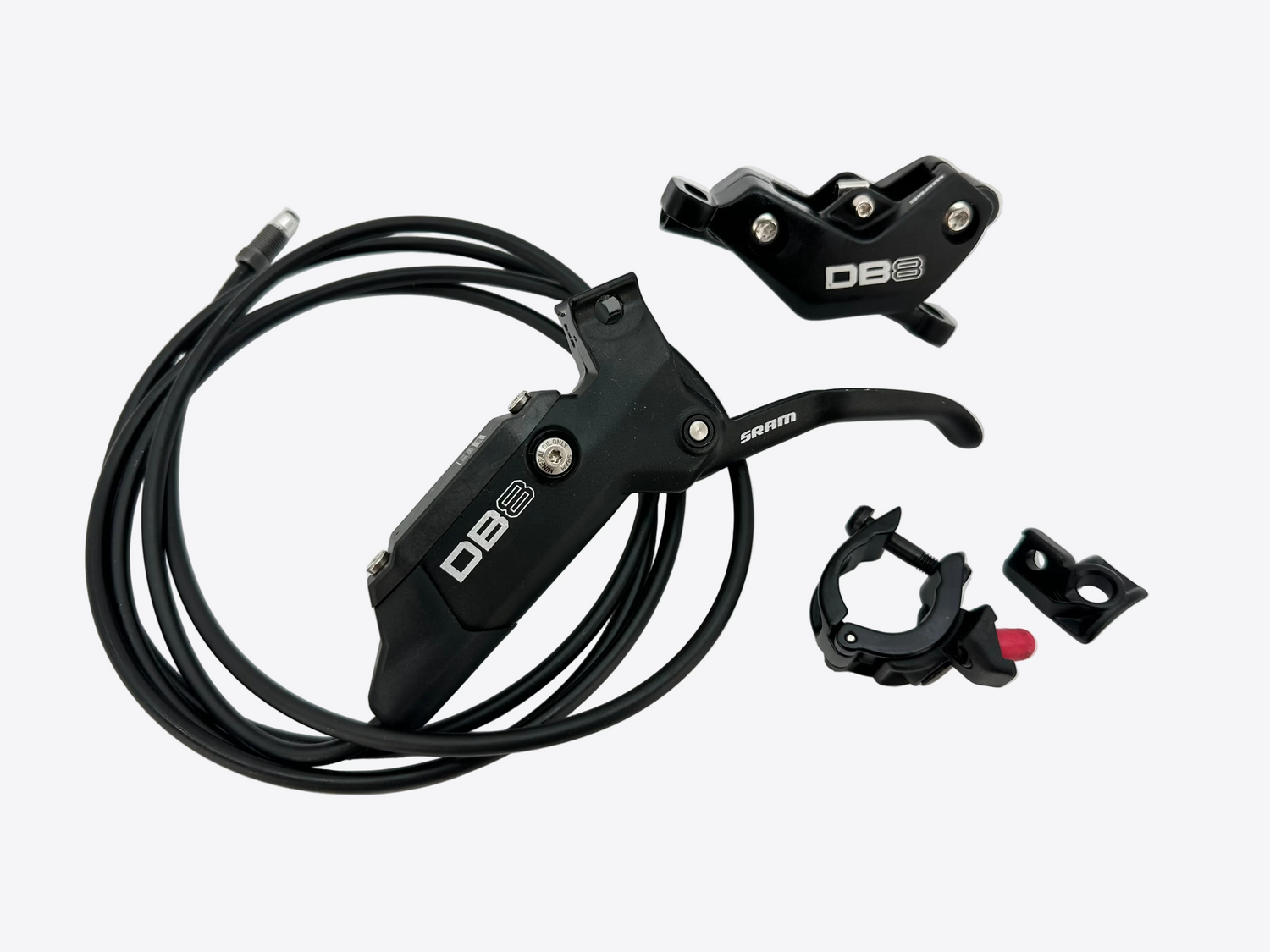 Black bicycle brake lever set with cable on a white background