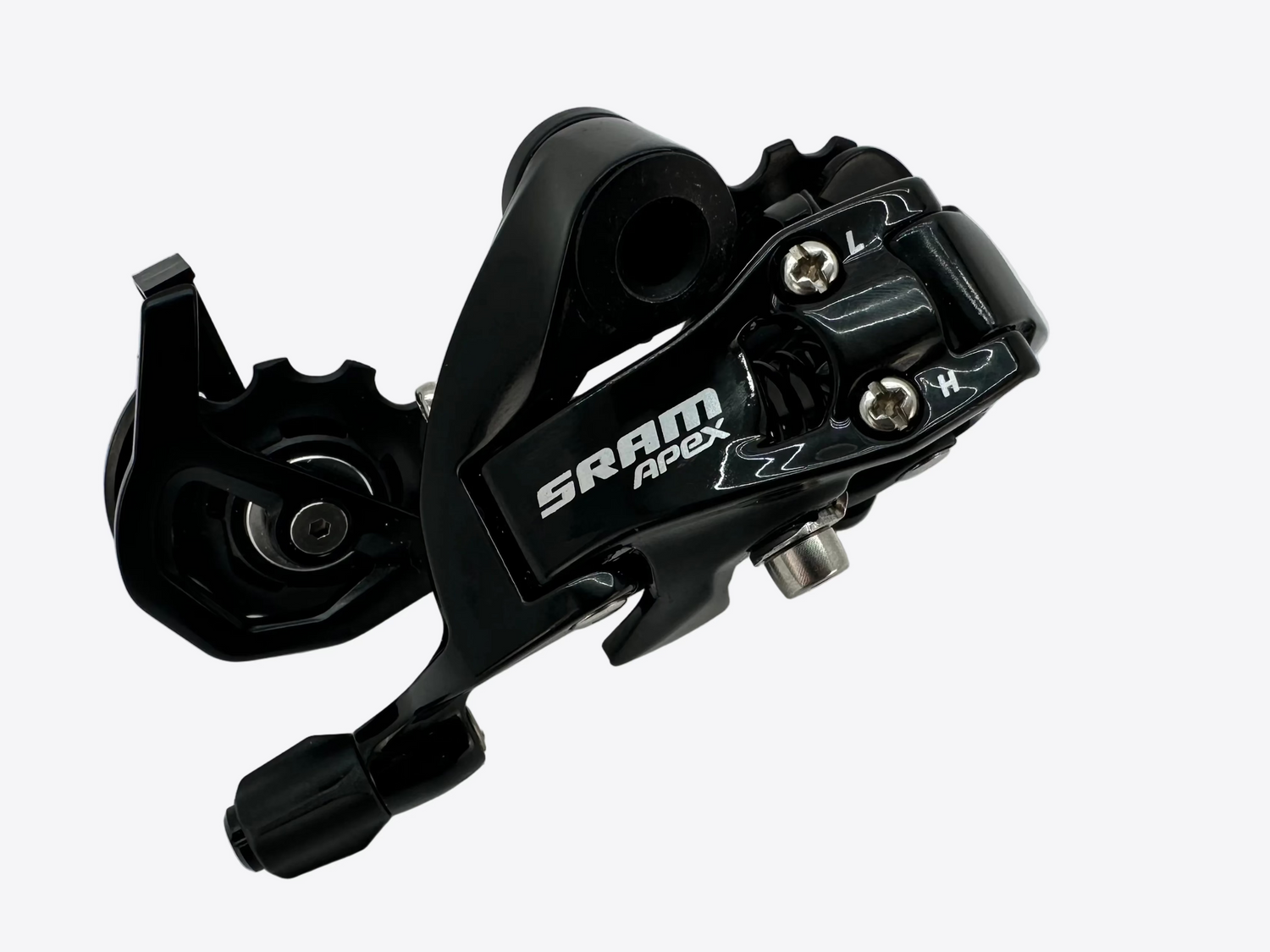 Black Sram bicycle mechanism on a light gray background