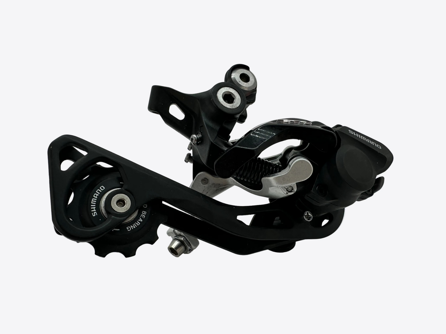 Black bicycle derailleur on a white background