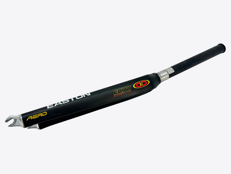 Black bicycle fork with branding on a white background