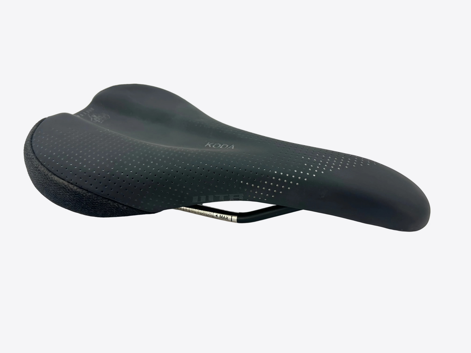 A black bicycle saddle with a textured, perforated surface and a silver metal seat post clamp, shown on a plain white background.