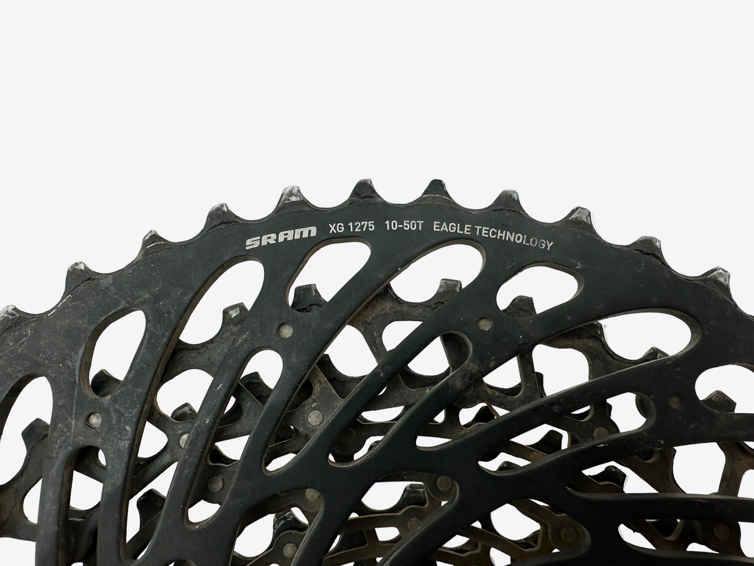 Black bicycle sprocket with SRAM branding on a light gray background