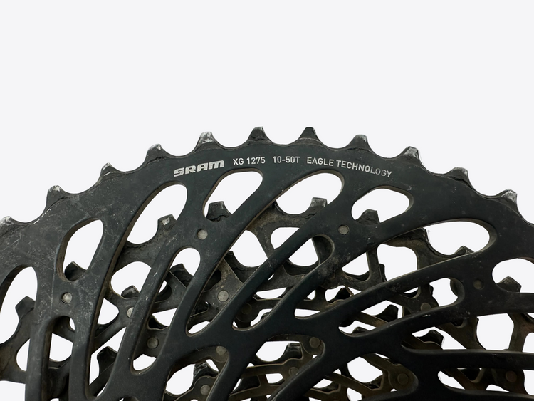 Black bicycle sprocket with SRAM branding on a light gray background