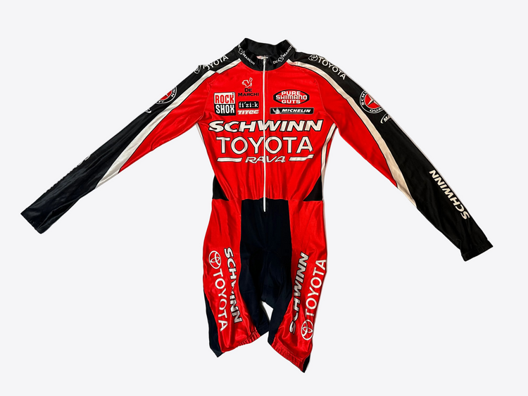 Red and black Schwinn Toyota racing suit on a white background