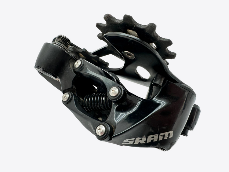 Black Sram bike component on a light gray background