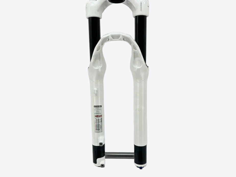 Bicycle fork with black and white design on a gray background