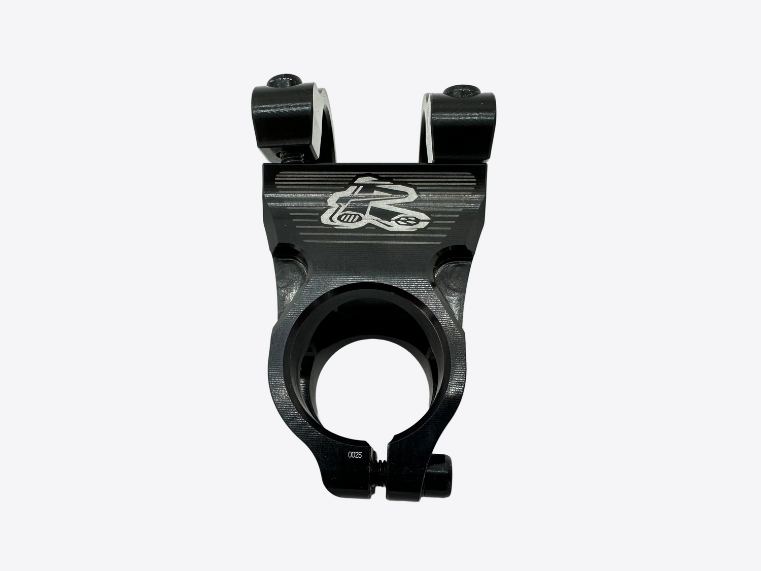 Black bicycle stem with brand logo on a white background