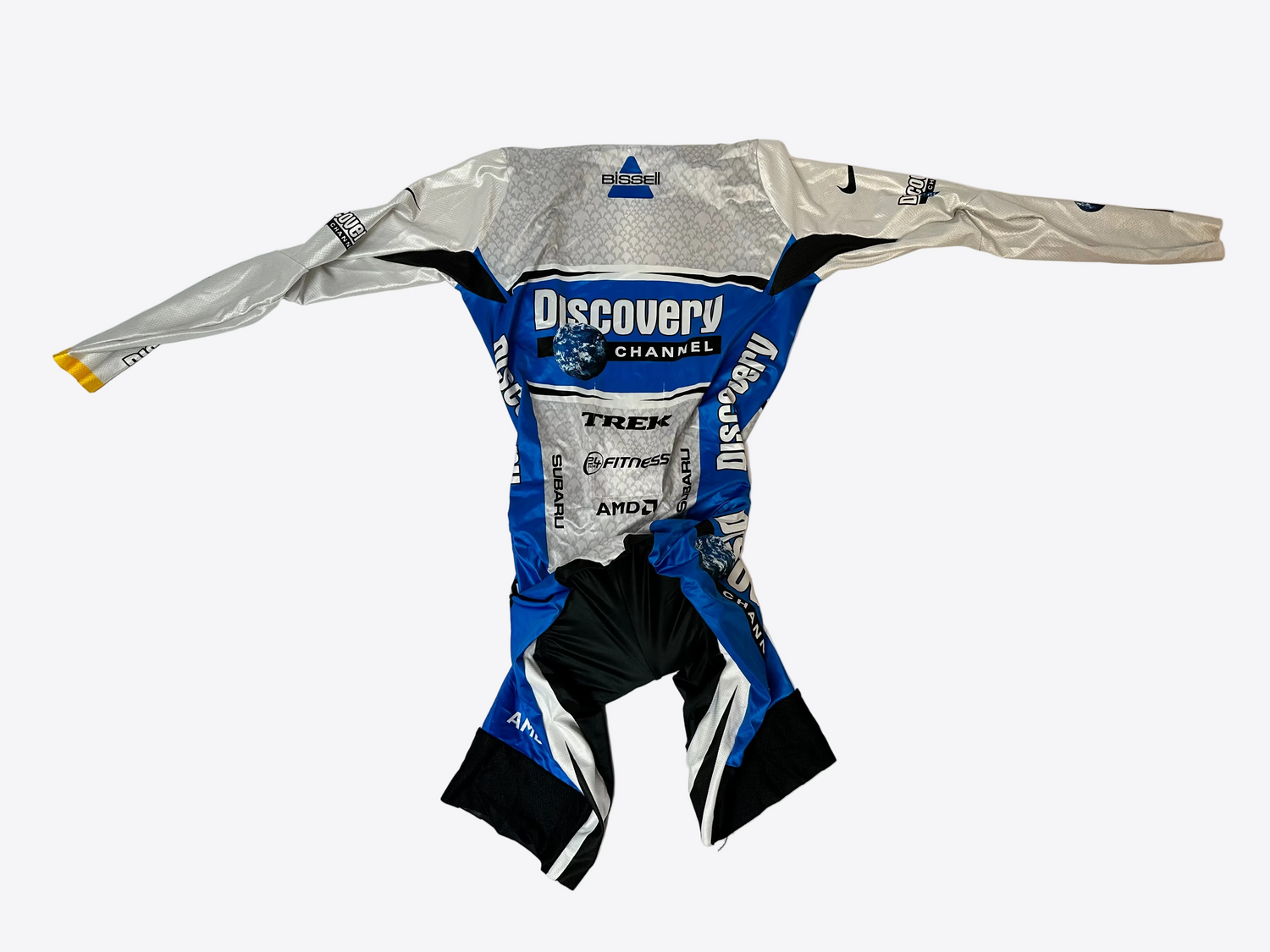 bike racing suit with visible branding on a white background