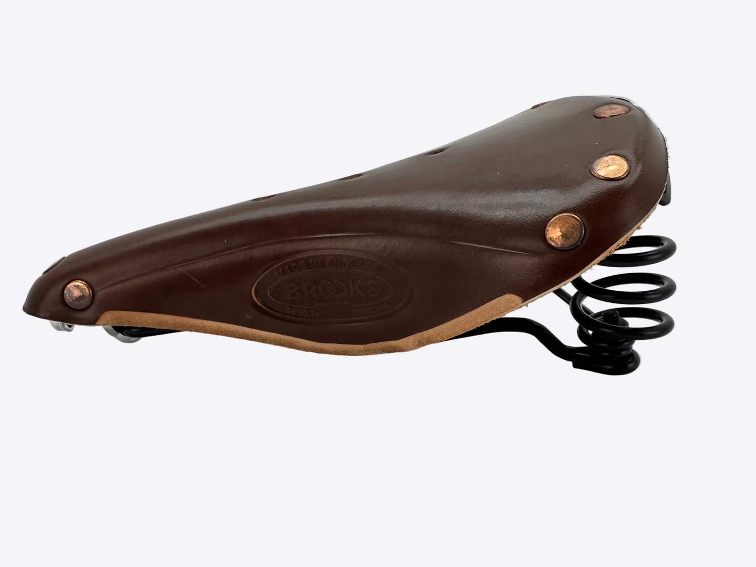 Brown bicycle seat with spring mechanism on a white background