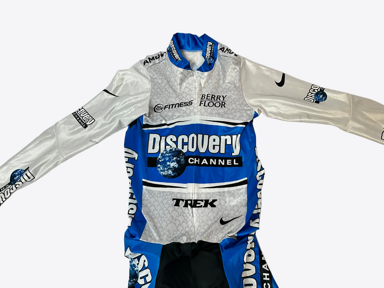 Cycling jersey with visible brand logos on a white background