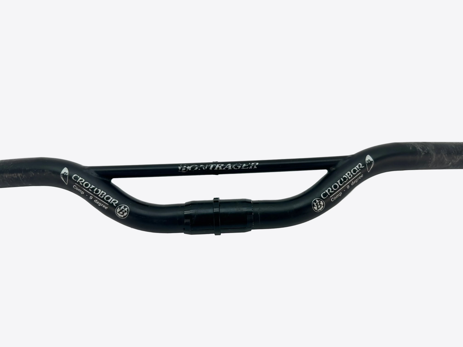 Black bicycle handlebar with 'Crowbar' branding on a white background