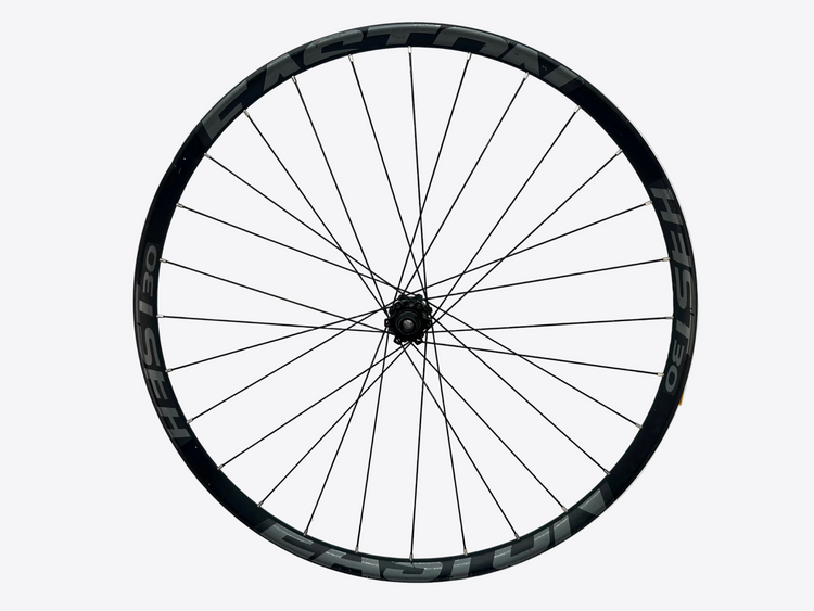 Bicycle wheel with black rim and spokes on a white background
