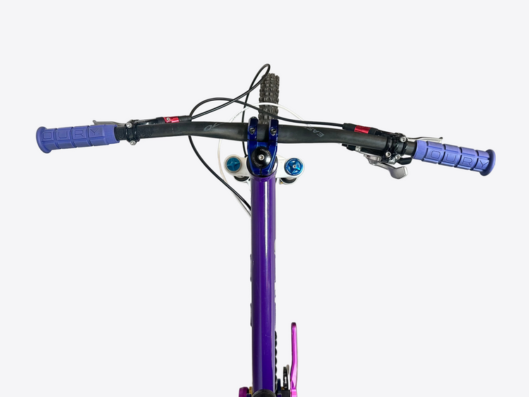 Purple bike with blue handlebars on a concrete floor.