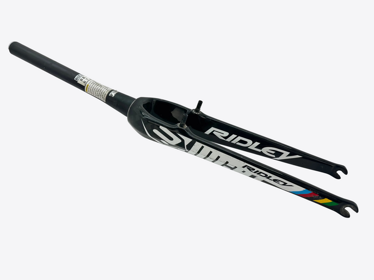 Bicycle fork with 'Ridley' branding on a white background