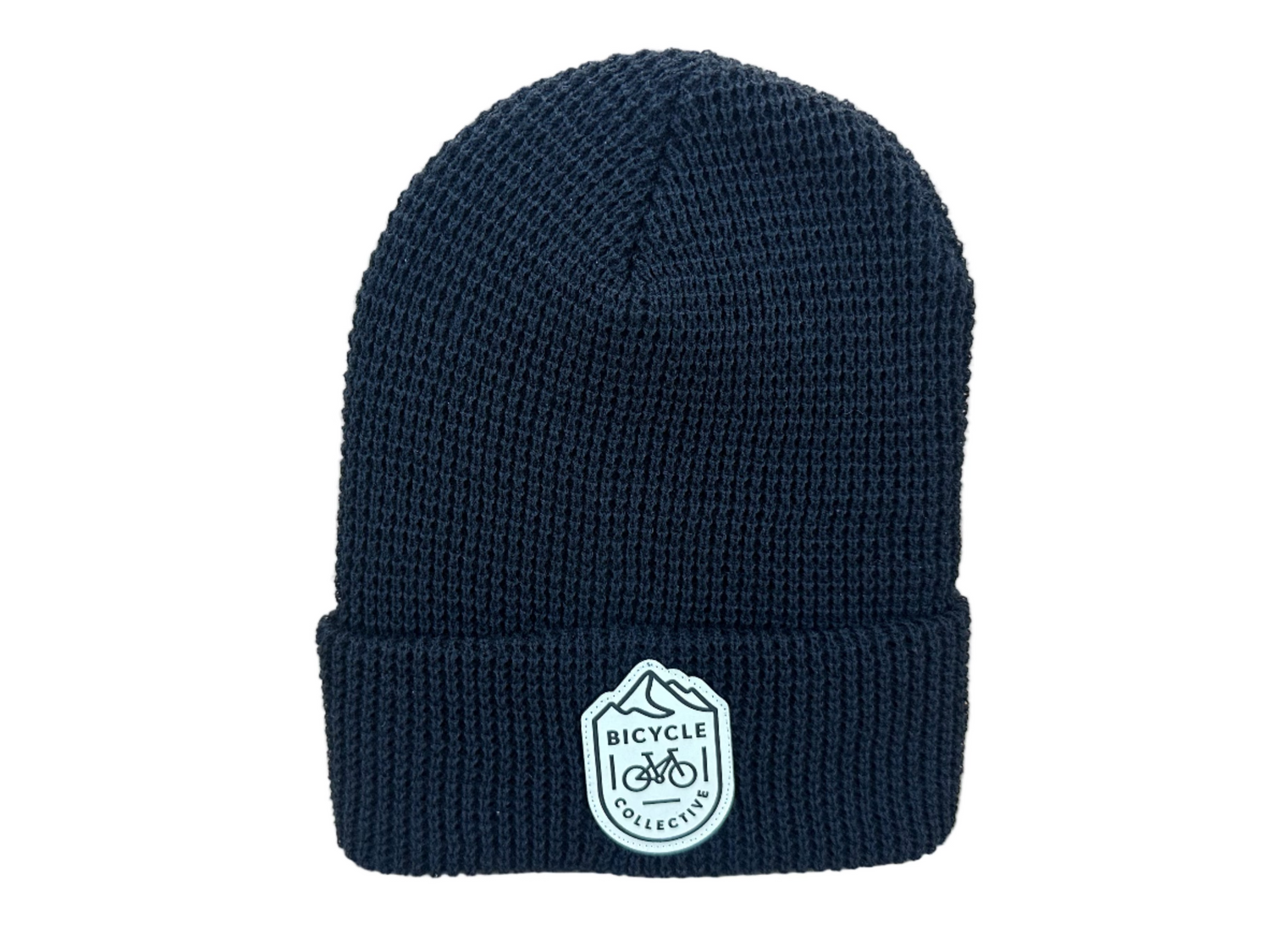 black beanie with a white logo on a light gray background