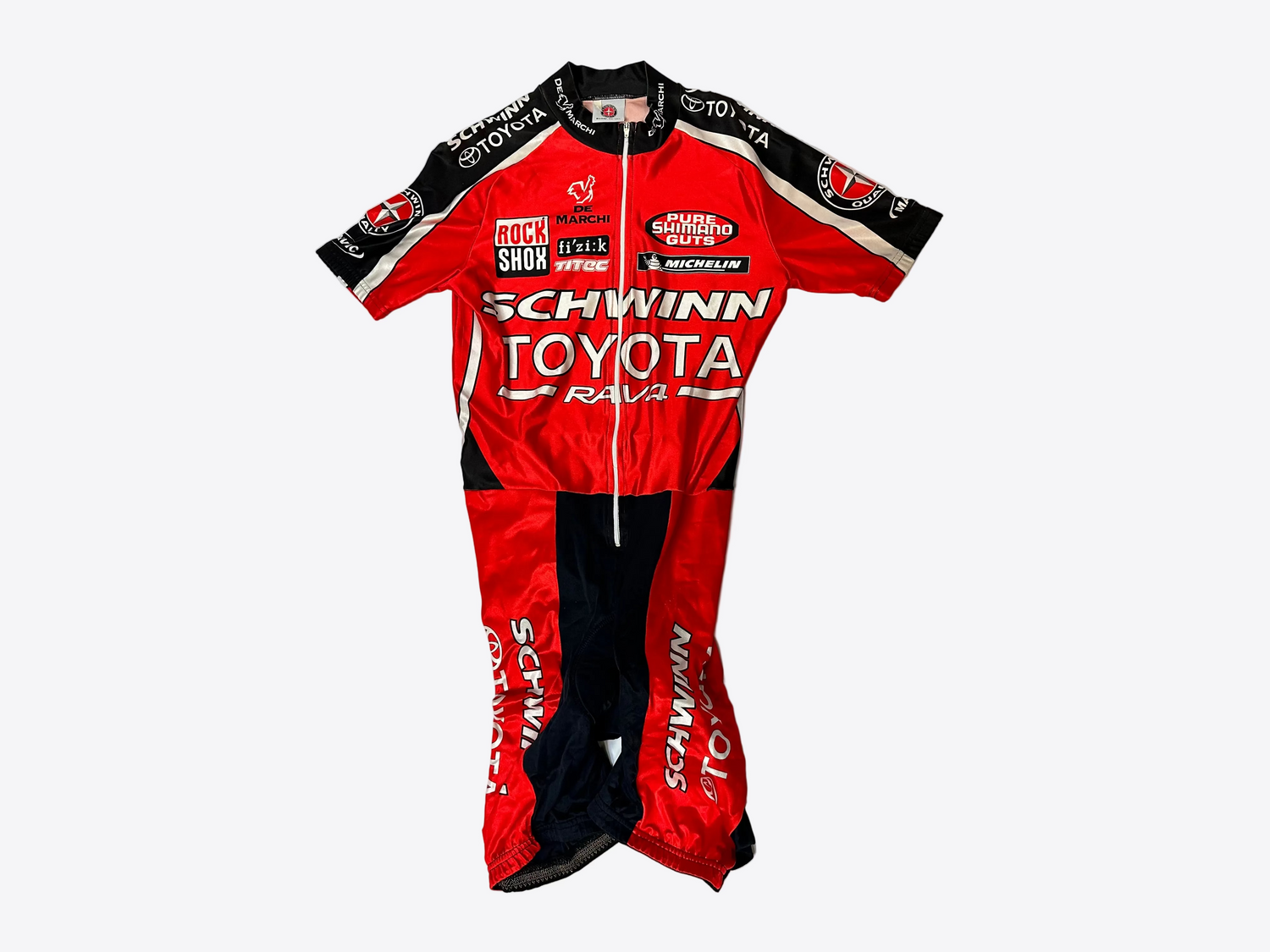 Red and black cycling suit with various brand logos on a white background