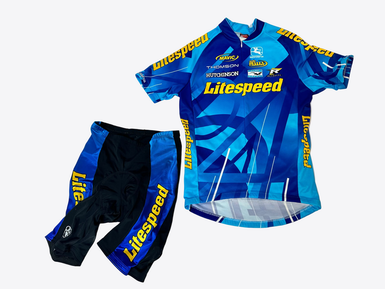 Blue cycling jersey and shorts with 'Litespeed' branding on a white background