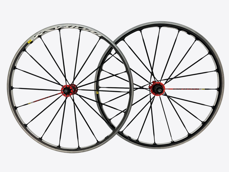 Two bicycle wheels with red hubs on a white background