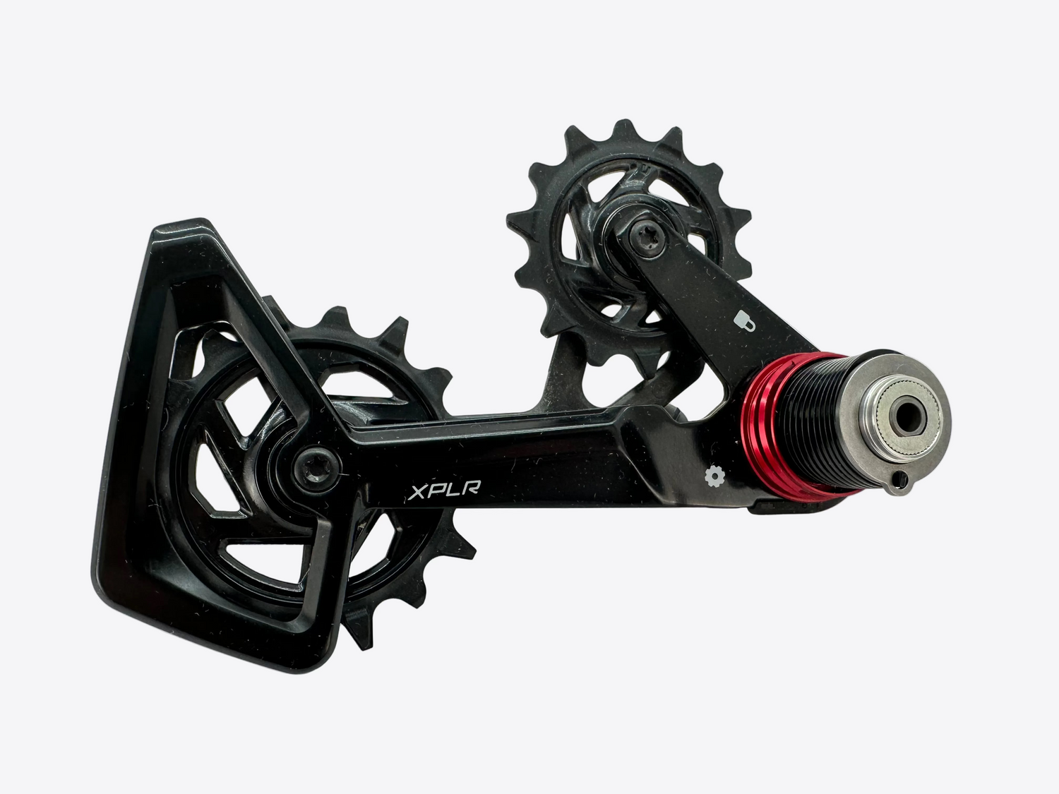 Bicycle gear mechanism with 'XPLR' branding on a light gray background