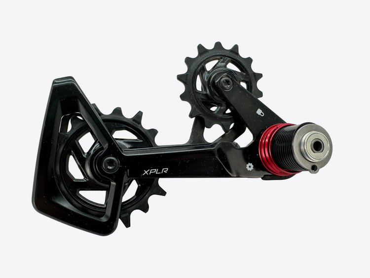 Bicycle gear mechanism with 'XPLR' branding on a light gray background