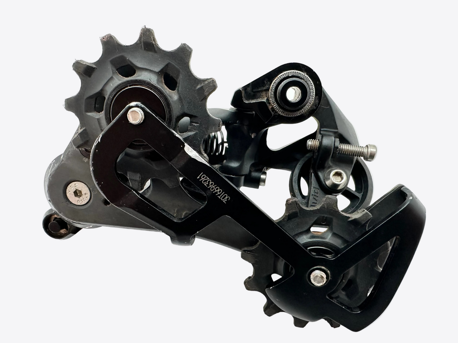Black bicycle gear mechanism on a white background