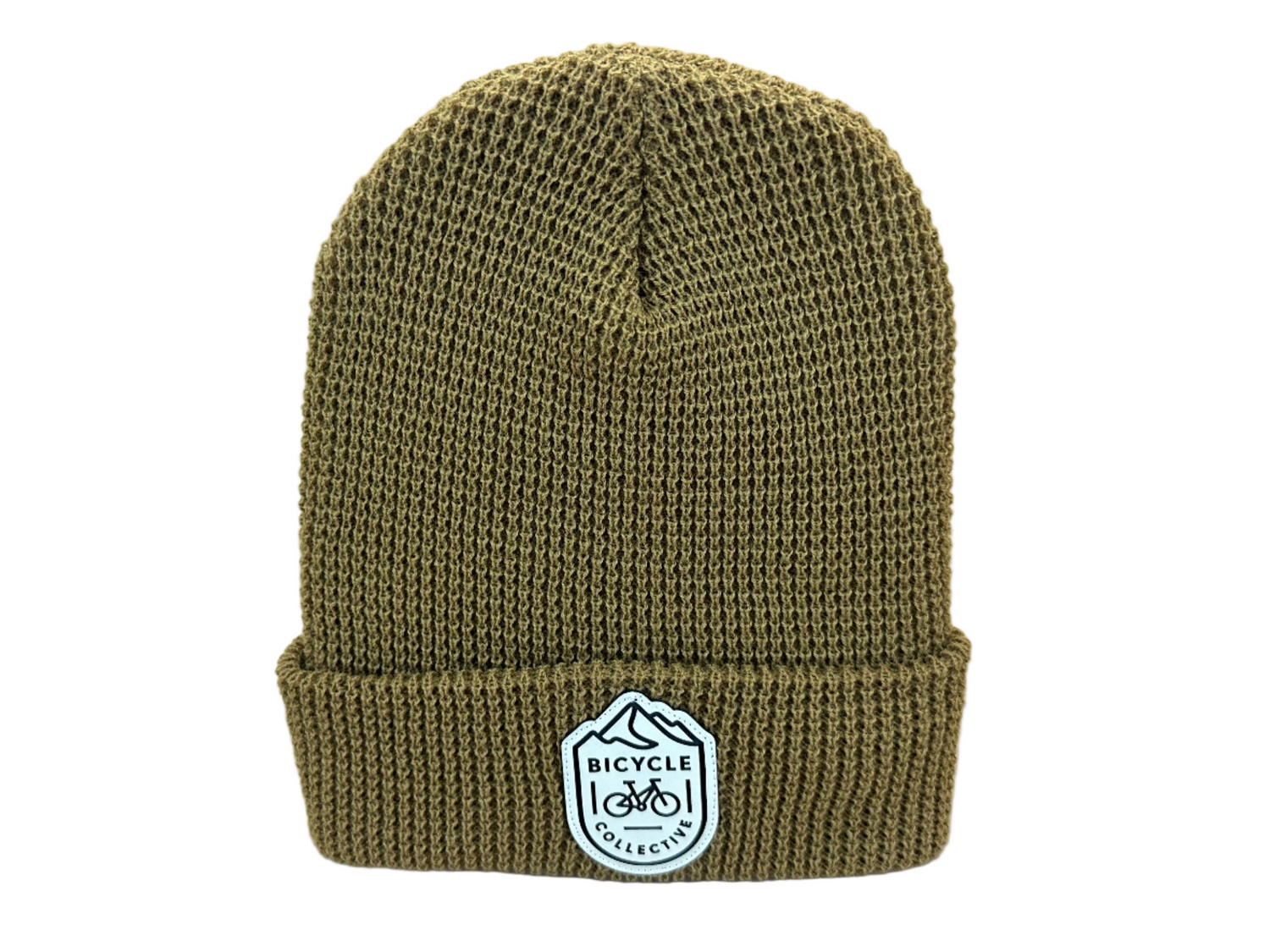 Brown Knitted beanie with a logo on a white background
