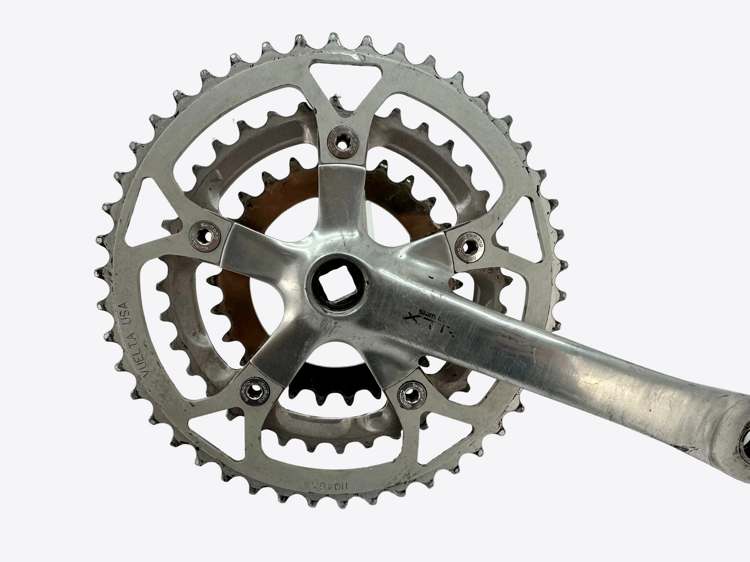 Bicycle crankset with chainring on a white background