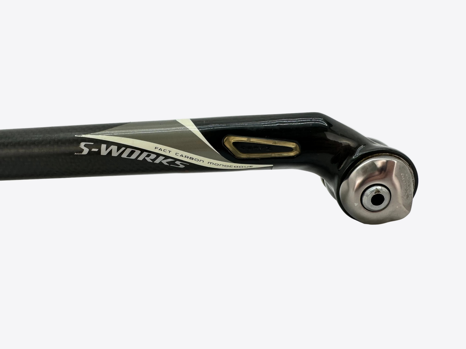 Black bicycle seatpost with 'S-Works' branding on a light gray background