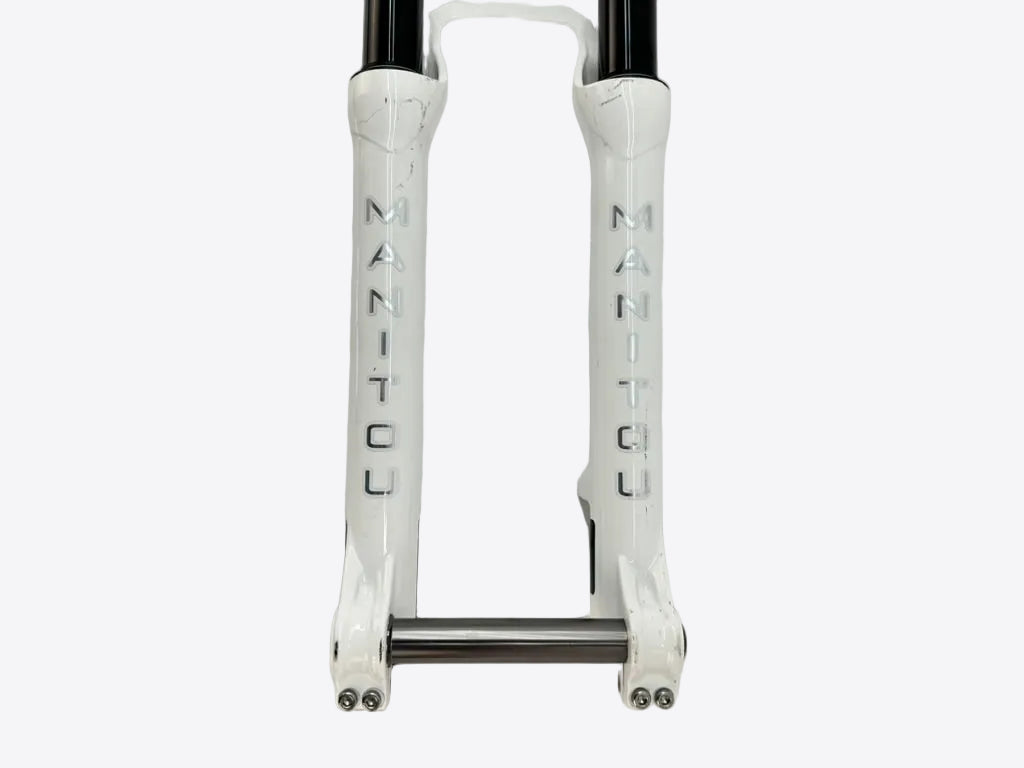 Bicycle forks with 'Manitou' branding on a white background