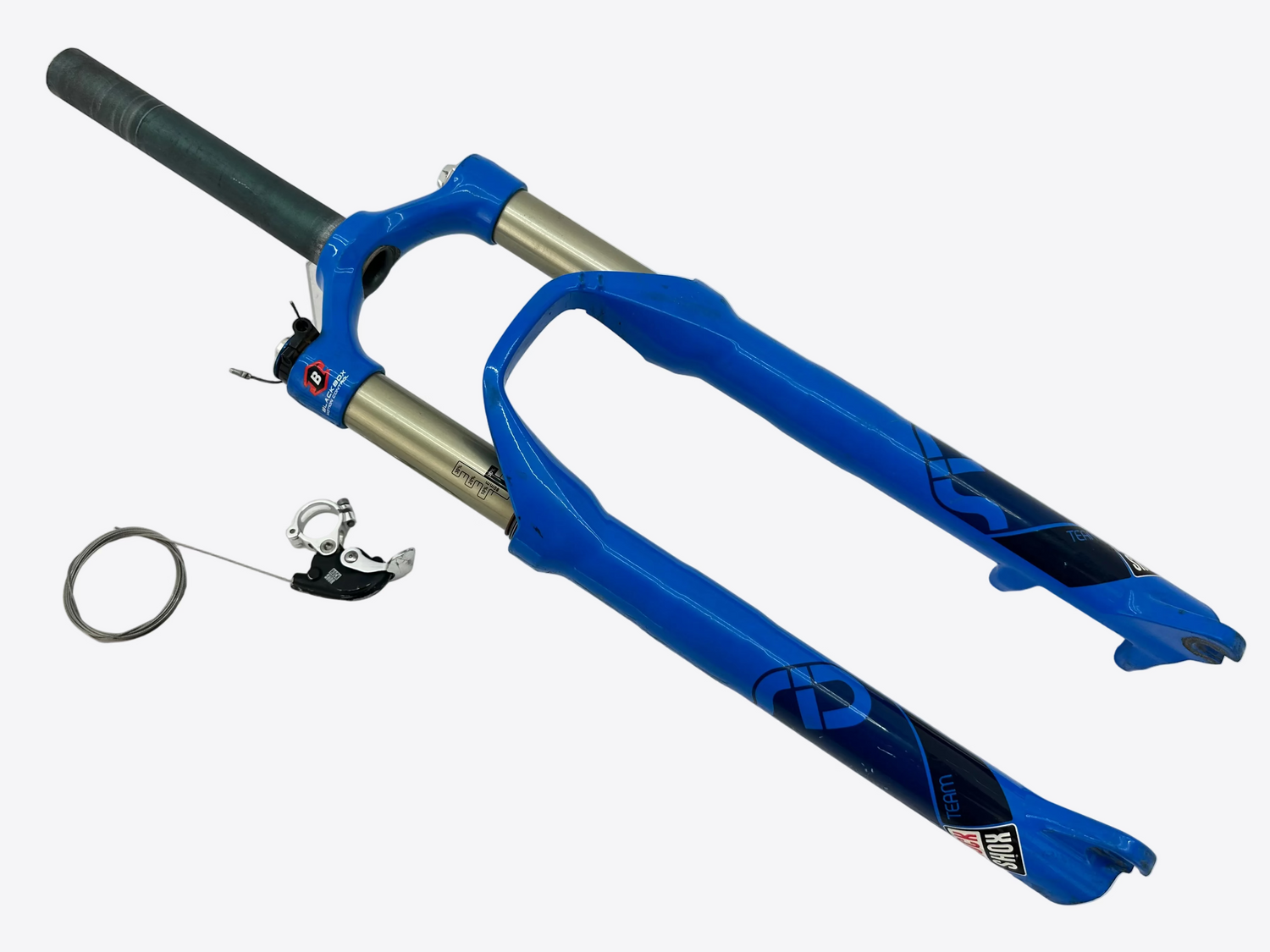 Blue bicycle fork with black accents on a white background