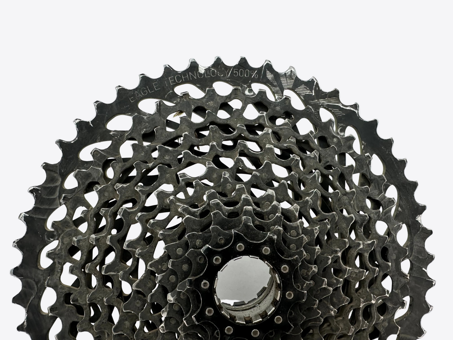 Close-up of a bicycle gear cassette on a white background