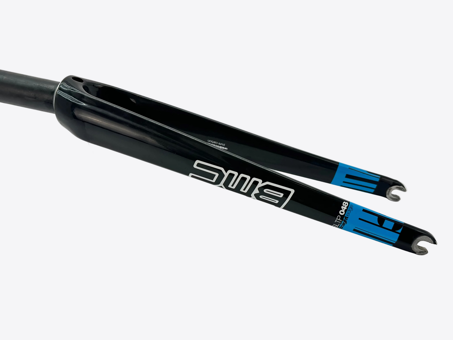 Black bicycle fork with blue accents on a white background