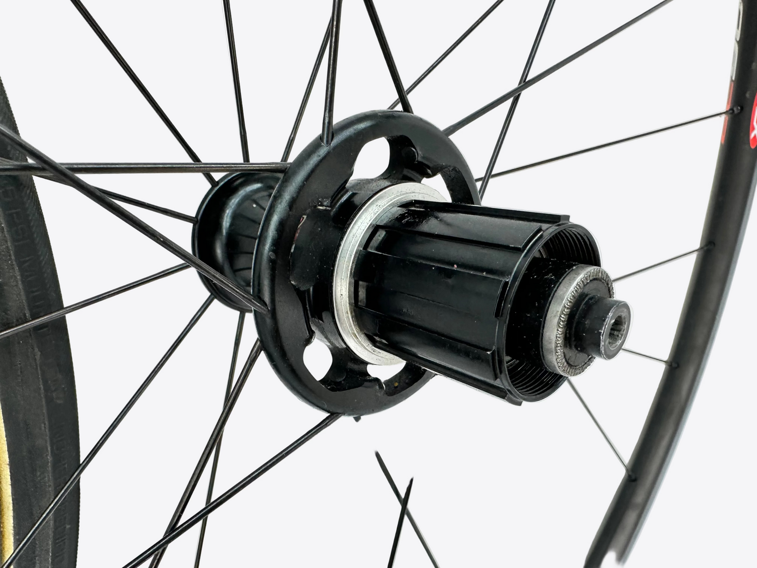 Close-up of a bicycle hub with spokes against a white background