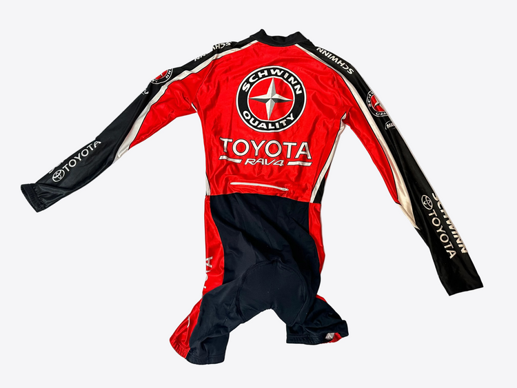 Red and black cycling jersey with Toyota and Schwinn logos on a white background