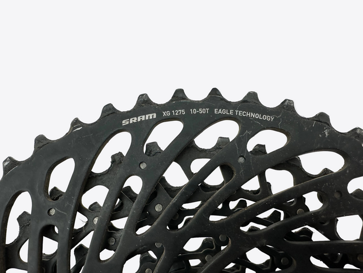 Close-up of a SRAM bicycle chainring on a light gray background
