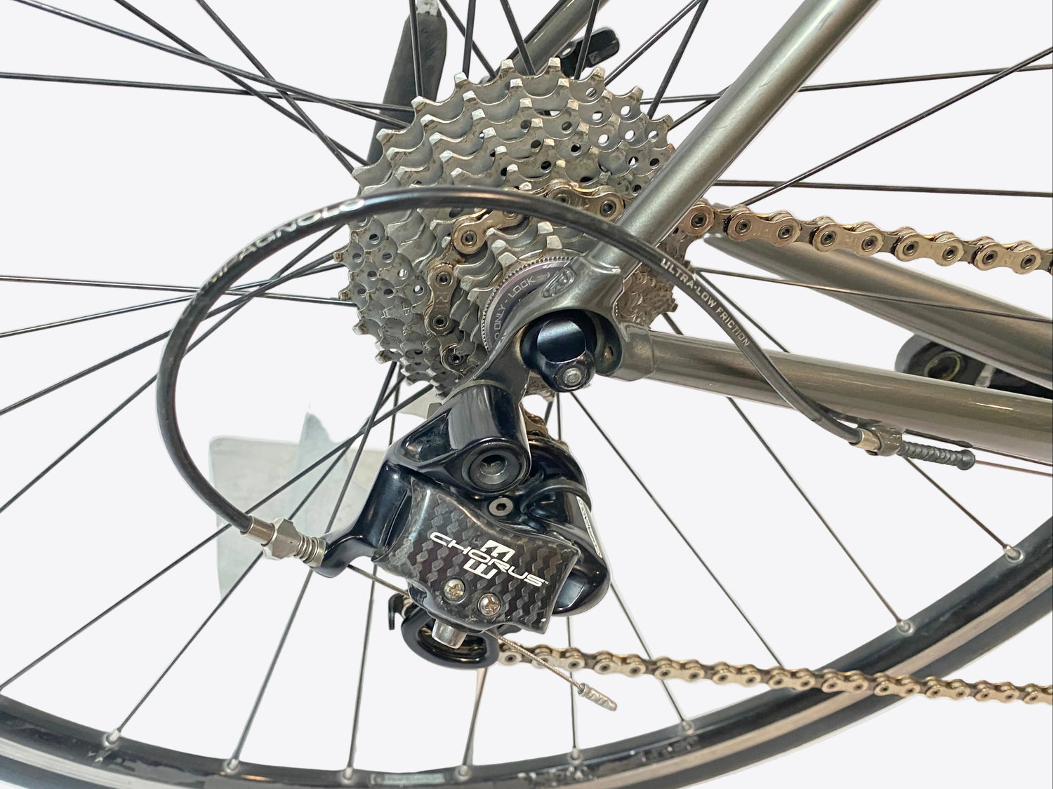 close up of the rear derailleur and cassette