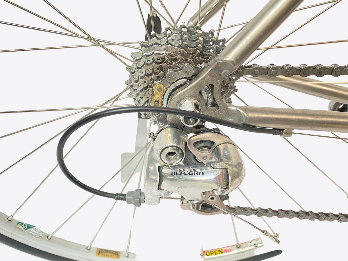 close up of the rear derailleur and cassette